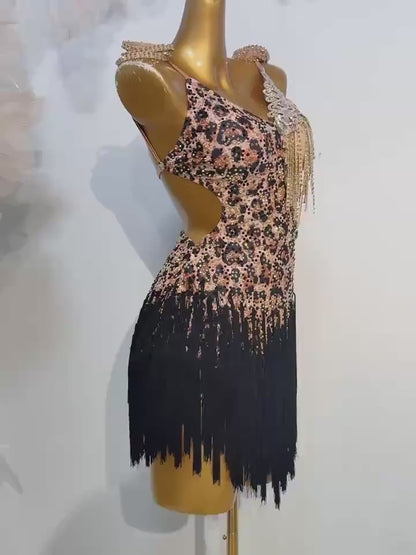 Custom Leopard Print Fringe Latin Dance Competition Dress