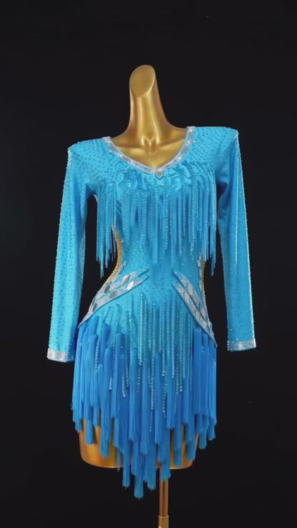 Custom Blue Long Sleeve Fringe Latin Competition Dress