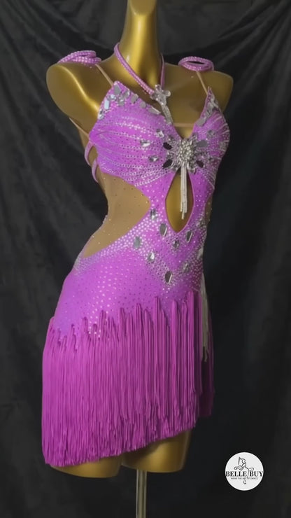 Custom Fuchsia Fringe Latin Competition Dress