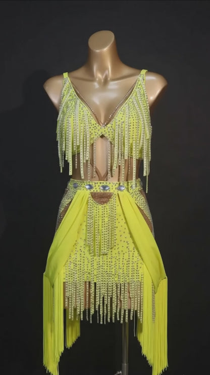 Custom Yellow Fringe Cutout Latin Competition Dress