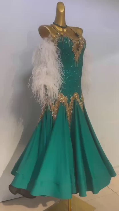 Custom Green Feather Sleeve Gold Crystals Ballroom Smooth Dance Dress