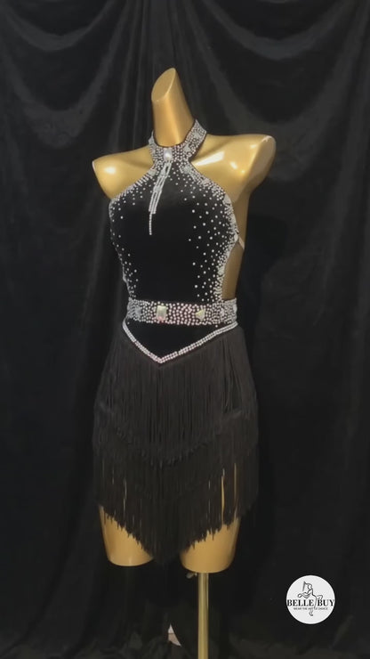 Custom Black Halter Rhinestone Fringe Latin Dance Competition Dress