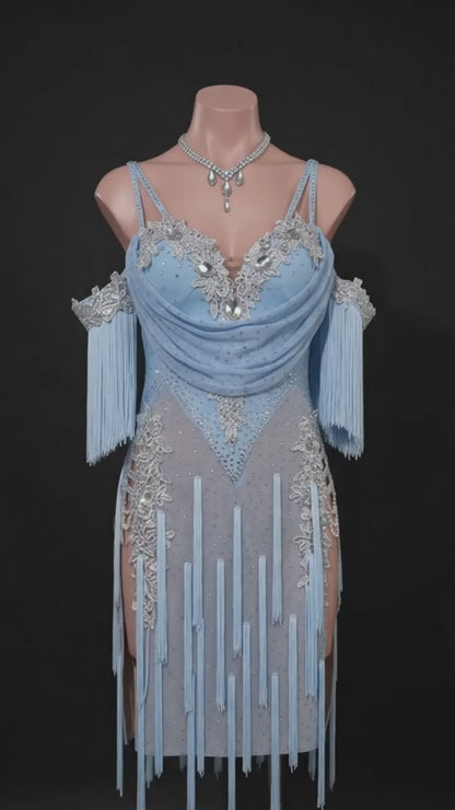 Custom Ice Blue Rhinestone Fringe Latin Competition Dress