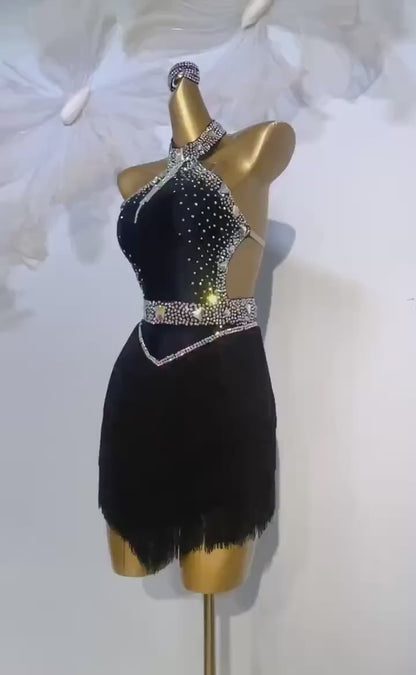 Custom Black Halter Rhinestone Fringe Latin Dance Competition Dress