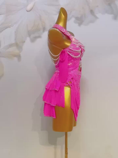 Custom Magenta Pearl Crystal Fringe Latin Competition Dress