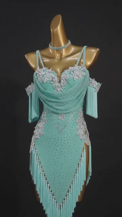 Custom Turquoise Off Shoulder Pearl Rhinestone Fringe Latin Competition Dress