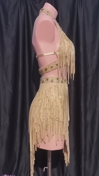 Custom Champagne Gold Halter Fringe Latin Competition Dress with Cutout